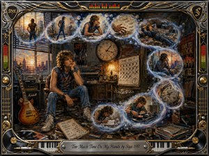 A restless young rocker sits in a cluttered 1980s loft, surrounded by guitars, records, clocks, and crossed-off calendar days. Feathered dream bubbles sweep in an S-curve, showing moments of boredom and distraction. Warm sunset amber contrasts with electric blues, while richly textured acrylic brushwork and an ornate chrome-and-gold musical frame heighten the nostalgic mood.