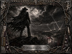 A lone renegade stands beneath a stormy moon, overlooking a winding road where distant headlights approach through the darkness. Deep charcoal textures, smoky blacks, silver-gray clouds, and faint ember-red accents create a tense, cinematic mood. An elaborate metallic frame of strings, cables, rivets, and barbed wire surrounds the scene.