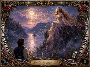 A radiant Lorelei sits above a moonlit river, captivating a solitary admirer below as rose petals and glowing musical notes drift through the twilight. Rich purples, golds, blues, and soft pinks create a romantic, mystical mood. Ornate chrome, gold filigree, piano keys, roses, records, and a vintage microphone frame the painterly scene.