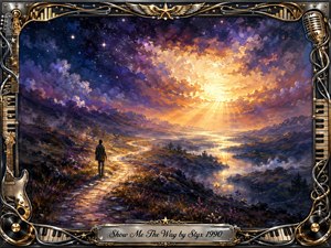 A solitary traveler follows a winding mountain path toward radiant golden light breaking through deep violet and indigo clouds. Reflective water, misty valleys, and glowing wildflowers create a hopeful, spiritual atmosphere. Rich impressionistic brushwork blends warm amber highlights with cool shadows, framed by ornate chrome-and-gold musical details and an engraved title plate.