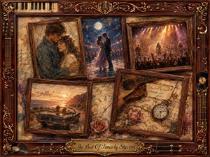 A nostalgic rosewood-framed collage gathers tender memories of romance, music, and youth: an embracing couple, moonlit dancing, a glowing rock concert, a sunset convertible ride, roses, sheet music, and a pocket watch. Warm amber, sepia, gold, and midnight blue tones blend through painterly textures, softly illuminated like cherished moments fading through time.