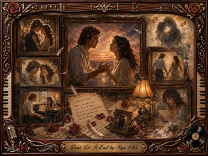 A nostalgic romantic collage shows a couple reaching toward each other at sunset, surrounded by framed memories of dancing, laughter, music, letters, and fading embraces. Warm amber, burgundy, cream, and smoky blue tones glow beneath soft lamplight. Rosewood, gold filigree, roses, piano keys, vinyl, feathers, and handwritten pages enrich the painterly composition.