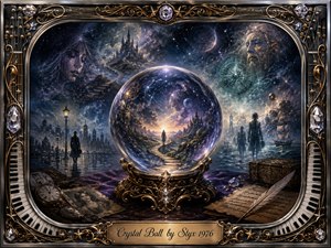 A luminous crystal ball dominates a mysterious cosmic landscape, revealing a solitary figure walking toward a radiant horizon. Deep blues, violet shadows, silver moonlight, and warm gold accents create a reflective, prophetic mood. Detailed painterly textures, ghostly figures, castles, photographs, manuscripts, and an ornate musical frame enrich the dreamlike composition.