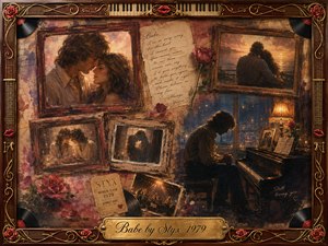 A nostalgic romantic collage surrounds tender memories of a couple, framed photographs, roses, handwritten letters, and a solitary man at a piano. Warm amber, sepia, dusty rose, and deep brown tones glow beneath soft lamplight. Painterly textures blend oil, acrylic, and watercolor, while ornate musical details and the engraved title plate complete the sentimental composition.