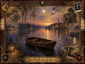 A weathered wooden rowboat rests on a tranquil river at sunset, surrounded by glowing village lights, distant hills, and graceful willow branches. Warm gold, violet, and deep blue tones create a nostalgic, reflective mood. Painterly textures blend with faded romantic memories, musical motifs, photographs, and an ornate rosewood-and-gold frame.