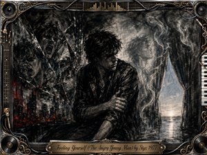 A brooding young man sits amid fractured reflections and shadowy faces, suggesting anger, doubt, and self-confrontation. Deep charcoal textures dominate the dramatic composition, softened by pale light breaking through a distant window. An ornate metallic frame of records, strings, piano keys, cables, and gold details surrounds the haunting, introspective scene.