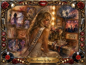 A crowned beauty queen sits pensively in a vintage dressing room, surrounded by faded pageant portraits, concert scenes, roses, records, and glowing marquee lights. Warm gold, crimson, cream, and smoky blue tones create nostalgic glamour. Painterly oil textures, theatrical illumination, ornate metallic framing, and rock memorabilia blend celebration with quiet disillusionment.