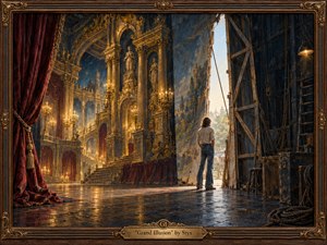 A lone figure stands between a lavish golden palace illusion and its exposed wooden supports, facing soft daylight beyond the stage. Burgundy curtains, deep blue shadows, and glowing chandeliers create theatrical tension. Rich oil textures emphasize worn floorboards and gilded architecture, enclosed by an ornate bronze and walnut frame with an engraved title plate.