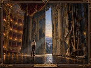 A solitary figure stands inside a lavish theater, facing parted scenic panels that reveal a sunlit landscape. Peeling painted architecture exposes timber supports and ropes, contrasting illusion with possibility. Rich gold, burgundy, and shadowy blue glow through textured oil brushwork, while an ornate musical frame encloses the quietly dramatic scene.