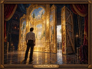 A lone man faces a magnificent golden palace facade inside a shadowy theater, its exposed wooden supports revealing the illusion. Burgundy curtains frame the scene as daylight illuminates distant figures. Rich oil textures, glowing reflections, and deep blue shadows create theatrical wonder and quiet uncertainty, enclosed by an ornate, inscribed frame.