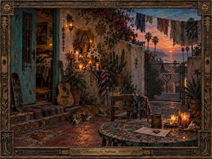 A weathered coastal courtyard glows beneath a coral sunset, where candles, flowers, devotional figures, a battered guitar, and handmade objects create a mysterious, bittersweet sanctuary. Warm amber light meets turquoise doors, terracotta floors, and ocean blues, while dense handcrafted detail, aged textures, and bohemian symbolism evoke tension, longing, memory, and restless affection.