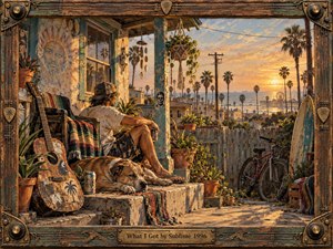 A weathered coastal porch overlooks a glowing Pacific sunset, where a relaxed man sits beside a sleeping dog, battered guitar, surfboard, and bicycles. Warm gold, turquoise, and rust tones create an easygoing 1990s mood, while textured paint, worn wood, palm silhouettes, and ocean light give the scene handcrafted depth.