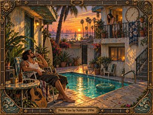 A sunlit coastal courtyard glows with warm orange light as a relaxed man lounges beside a turquoise pool, guitar nearby, while a woman watches from a balcony. Palm trees, weathered stucco, flowers, and harbor silhouettes create a dreamy, laid-back atmosphere framed by ornate bronze musical details.