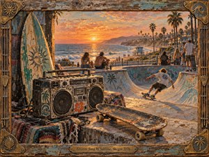 A sunlit seaside skatepark glows with warm orange light as skaters, friends, a weathered surfboard, and battered boombox evoke carefree coastal nostalgia. Palm trees, ocean waves, graffiti, and worn concrete create a relaxed rebellious mood, framed by distressed wood and brass details in a richly textured handcrafted painting.