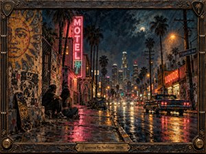 A rain-slicked Figueroa street glows beneath neon motel and liquor signs, framed by palms, power lines, murals, and distant Los Angeles towers. Two figures sit beside a weathered wall and skateboard as classic cars pass through reflections of red, gold, and blue, creating a restless, nostalgic urban nocturne.