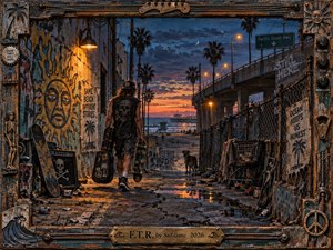A lone skater walks through a weathered coastal alley toward a glowing ocean sunset, surrounded by graffiti, chain-link fencing, palms, discarded gear, and cracked pavement. Deep blues and amber light create a rebellious, nostalgic mood. The handcrafted mixed-media frame uses distressed wood, metal, strings, knobs, and carved details.