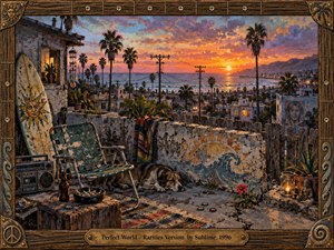 A weathered coastal terrace overlooks a glowing sunset, palm trees, rooftops, and distant ocean surf. A worn chair, surfboard, radio, sleeping dog, bottles, plants, and mosaic wall create a relaxed, nostalgic mood. Warm orange light contrasts with cool blues in a richly textured, handcrafted mixed-media style.