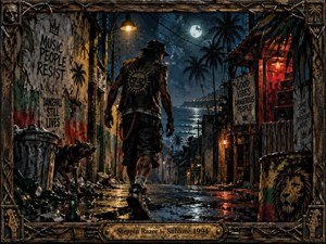 A lone streetwise figure walks through a rain-slick tropical alley toward a moonlit sea, framed by palms, weathered walls, speakers, and glowing red and amber lamps. Deep blues, blacks, and warm highlights create a tense reggae-punk atmosphere, while gritty textures, graffiti, reflections, and handcrafted framing suggest danger, rebellion, and restless coastal nightlife.