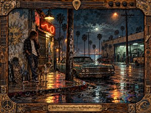A rain-soaked coastal street glows beneath neon, amber lamps, and a restless moonlit sky. A solitary young man and dog linger beside a battered car, skateboard, and weathered storefront. Palm trees, wet pavement, garage lights, and gritty mixed-media textures create a moody, rebellious, late-night atmosphere framed by distressed musical hardware.