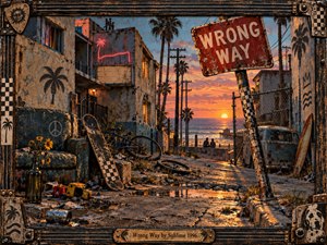 A weathered coastal alley descends toward a glowing sunset over the ocean, framed by palm trees, power lines, cracked pavement, and faded buildings. A battered Wrong Way sign, skateboard, bicycle, armchair, van, and surfboard create a gritty 1990s atmosphere, while warm orange light contrasts with distressed blue-gray textures and melancholy urban decay.