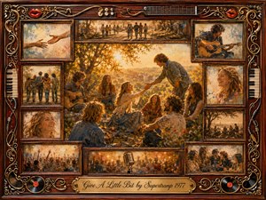 A warm, nostalgic collage shows friends sharing music, laughter, and affection beneath glowing autumn trees. Vintage rosewood frames surround intimate scenes of reaching hands, guitar players, smiling faces, crowds, and companionship. Golden amber light, earthy browns, textured painterly brushwork, musical ornaments, and an engraved title plate create a tender, celebratory atmosphere.