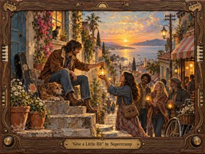 A warmly painted coastal village glows at sunset as a seated man offers a lantern to a smiling woman, surrounded by friendly figures, flowers, a dog, bicycle, and distant sailboats. Golden amber, coral, teal, and blue tones create a nostalgic, hopeful mood within a richly carved musical wooden frame.