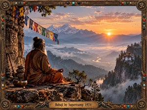 A serene bearded sage meditates on a rocky mountain ledge above mist-filled valleys and distant snowcapped peaks. Warm sunrise light floods the scene with gold, orange, and soft blue tones, while prayer flags, a singing bowl, carved stone, and a cliffside monastery enrich the spiritual, cinematic atmosphere within an ornate handcrafted frame.
