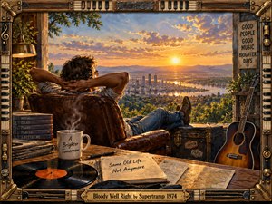 A relaxed man reclines in a worn leather chair overlooking a glowing riverside city at sunset. Warm gold, amber, and deep brown tones create a reflective, hopeful mood. Painted in a richly textured vintage style, the scene includes records, guitar, travel trunk, handwritten notes, and an ornate piano-and-brass frame.