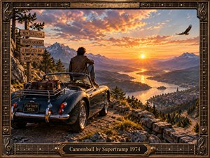 A lone traveler rests beside a vintage convertible on a rugged mountain overlook, gazing across a glowing river valley at sunset. Warm amber light, dramatic clouds, distant peaks, and a soaring eagle create a hopeful, reflective mood. A richly detailed musical frame and engraved title plate complete the handcrafted, cinematic composition.