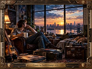 A contemplative man relaxes in a worn leather chair inside a richly cluttered loft, overlooking a glowing city skyline at sunset. Warm amber light contrasts with cool blue shadows, while guitars, records, trunks, plants, and a sleeping dog create a nostalgic, restless atmosphere. A handcrafted musical frame completes the cinematic composition.