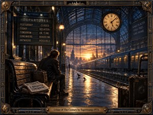 A solitary traveler sits in a rain-darkened grand railway station, facing glowing tracks and a distant sunset beyond a steel-and-glass roof. Deep blues, bronze highlights, wet reflections, vintage clocks, departure boards, luggage, and an ornate musical frame create a cinematic, melancholic atmosphere of uncertainty, ambition, isolation, and fading hope.