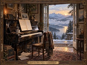 A weathered piano and empty chair rest in a warmly lit mountain music room opening onto a snowy alpine sunrise. Amber candlelight contrasts with cool blue mist and pale gold skies, creating reflective stillness. Rich painterly textures, scattered sheet music, steaming tea, worn wood, and a feather deepen the intimate, handcrafted atmosphere.