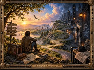 A solitary traveler sits between a radiant countryside sunrise and a rain-darkened city, contemplating a winding road that links contrasting worlds. Warm golds shift into cool blues beneath dramatic clouds, while maps, books, signs, and distant figures suggest memory and choice. An ornate, music-inspired frame completes the richly detailed vintage illustration.