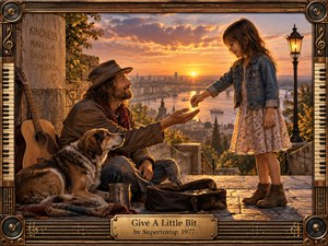 A warmly lit sunset scene shows a young girl sharing a coin with a seated street musician beside his dog and guitar. Golden light washes over the stone overlook and distant river city, creating a hopeful, compassionate mood. An ornate wood-and-metal musical frame, piano keys, speakers, and engraved details reinforce the handcrafted 1970s aesthetic.