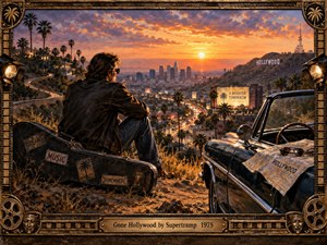 A lone musician overlooks glowing Los Angeles from a rugged hillside at sunset, seated beside a worn guitar case and vintage convertible. Warm golds, amber lights, and violet clouds create a wistful, disillusioned mood. Rich oil-paint textures, cinematic depth, palm-lined roads, Hollywood imagery, and an ornate brass frame reinforce faded dreams of fame.