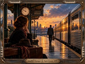A solitary traveler walks toward a gleaming train as a woman watches from a rain-slicked platform at sunset. Warm gold and amber reflections contrast with cool steel and blue-gray shadows, creating a wistful farewell mood. Cinematic realism, ornate musical framing, vintage luggage, and distant city lights enrich the scene.