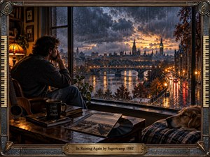 A contemplative man sits beside a rain-streaked window overlooking a glowing riverside city at dusk. Warm amber interior light contrasts with cool stormy blues outside, where wet streets and water shimmer with reflections. A guitar, records, books, sleeping dog, and ornate musical frame create a richly detailed, cinematic atmosphere of melancholy and hope.