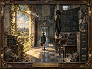 A solitary schoolboy stands in a long, fading corridor poised between wonder and conformity, with a sunlit countryside glowing on one side and shadowed classrooms, diagrams, and fractured reflections on the other. Warm golds and cool grays heighten the tension in this richly textured, surreal mixed-media painting, framed with ornate musical detailing.