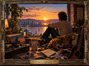 A solitary man sits in a warmly lit loft overlooking a glowing waterfront city at sunset, accompanied by a sleeping golden dog, records, guitar, photographs, and handwritten notes. Rich amber, blue, and copper tones create a reflective, nostalgic mood, framed by intricate musical hardware and a polished brass title plate.