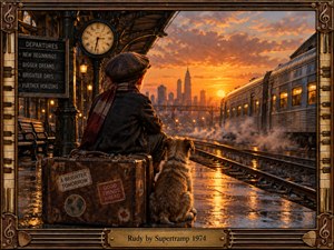 A solitary boy and his scruffy dog sit beside a battered suitcase on a rain-soaked railway platform, watching a silver train beneath a fiery sunset. Warm amber light reflects across wet pavement, contrasting with dark industrial architecture. The richly textured, painterly scene feels nostalgic and hopeful, framed with ornate musical details.