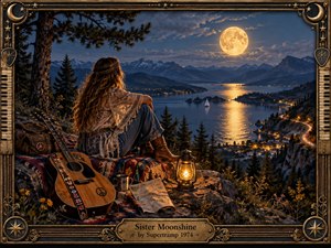 A young woman sits on a rocky overlook beside an acoustic guitar, gazing across a moonlit alpine lake. Warm lantern light contrasts with deep blue mountains, glowing roads, and golden reflections. The richly detailed, painterly scene feels nostalgic and contemplative, framed with ornate wood, metal, stars, crescents, and piano-key accents.