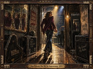 A swaggering 1970s rock figure strides through a worn backstage corridor toward blazing stage lights, surrounded by fractured mirror reflections, instrument cases, amplifiers, and shadowed rehearsal gear. Rich burgundy, amber, brass, charcoal, and teal tones heighten the defiant mood, while textured oil-like brushwork and a vintage wooden frame add tactile depth.