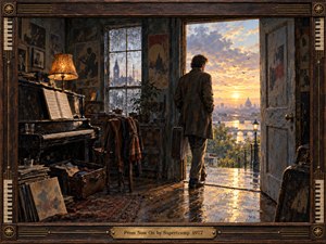 A solitary man stands at a worn doorway, leaving a shadowed 1970s music room for a radiant city sunrise. Warm gold light spills across rain-glossed floors, contrasting with smoky blues and deep browns. Textured painterly brushwork, a piano, scattered belongings, distant birds, and an ornate music-inspired frame create a reflective mood of renewal.
