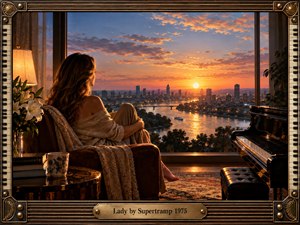A woman sits quietly beside a grand piano, gazing through tall windows toward a glowing sunset over a river and distant city. Warm amber light fills the elegant room, reflecting across polished wood and brass. Flowers, books, and a porcelain cup add intimacy, while the piano-key frame gives the scene a refined 1970s musical character.