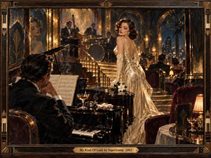 A glamorous woman in a shimmering ivory gown stands beside a grand piano in an elegant Art Deco nightclub. Warm amber lighting, burgundy velvet, brass railings, smoky reflections, and a distant jazz band create a romantic, wistful mood. Painterly textures, polished surfaces, gardenias, and an ornate musical frame enrich the vintage atmosphere.