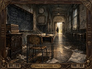 A haunting, timeworn school corridor stretches toward a bright open doorway where a solitary child stands in silhouette. Dark wood, dusty chalkboards, scattered papers, and rigid desks create a mood of confinement and longing. Warm golden light cuts through muted browns and grays, framed by ornate bronze, wood, and piano-inspired details.