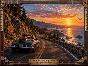 A vintage convertible winds along a dramatic coastal mountain road at sunset, carrying two travelers toward a distant glowing city. Warm orange, gold, and blue light creates a reflective, nostalgic mood. Detailed cliffs, pines, ocean surf, road signs, and luggage enrich the cinematic scene, framed by handcrafted wood, brass, strings, and piano-key motifs.