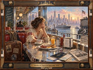 A wistful traveler sits in a gleaming 1970s diner overlooking a sunlit New York harbor, surrounded by breakfast, luggage, maps, and travel documents. Warm gold, cream, red, and blue tones glow across chrome surfaces and misty water. Painterly textures, nostalgic details, and the ornate musical frame create hopeful, reflective tension.
