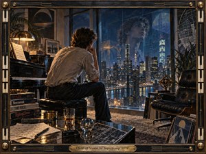 A contemplative young man sits beside a piano in a high-rise studio, gazing across a luminous nighttime city as his ghostlike reflection hovers in the glass. Cool blues and steel tones contrast with warm amber lamplight, while brass details, handwritten notes, modern furnishings, and a piano-key frame create a richly textured 1970s visionary mood.
