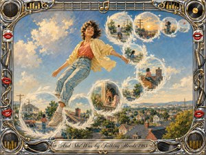 A serene young woman floats above a sunlit suburban town, surrounded by feather-edged memory bubbles flowing in an elegant S-curve. Warm blues, creams, golds, and coral tones create a whimsical, nostalgic mood. Painterly textures, glowing afternoon light, musical chrome-and-gold framing, red lips, and the engraved title plate complete the dreamlike composition.